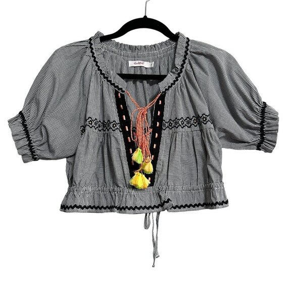Kudeta by Zee Embroidered Boho Peasant Tassel Tie Festival Crop Top Size S - Picture 1 of 11